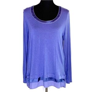 White House Black Market slate blue metallic trim scoop neck top L